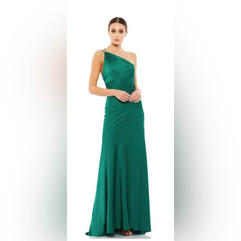 Ieena Mac Duggal 55385 One Shoulder Double Strap Green Satin Prom Formal Size 0